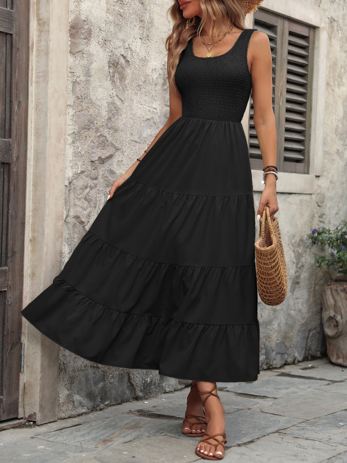 Smocked Scoop Neck Sleeveless Tank Dress - store name